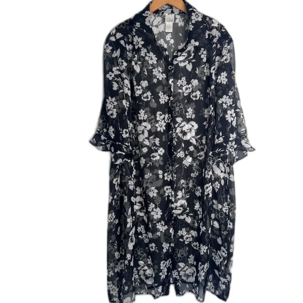 True‎ Beauty Black Floral Sheer 3/4 Sleeve Button Front Kimono Cardigan Size 16W